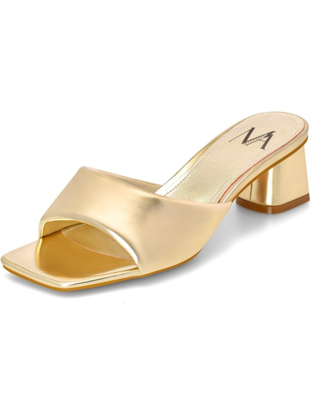 Women's Gold Open Toe Heels Chunky Block Mule Heel Slip on Dress Casual Shoes
